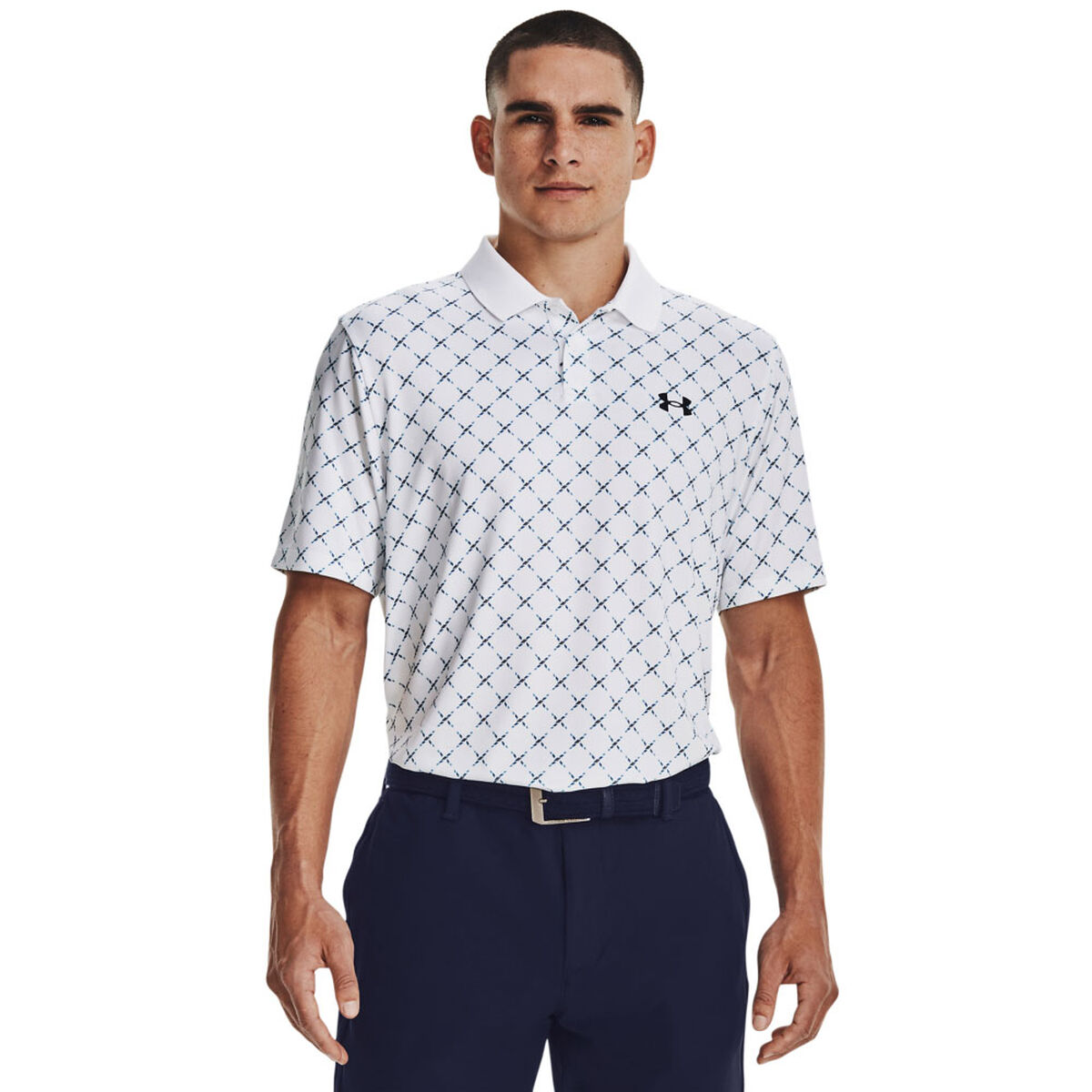Under Armour Men's White and Navy Blue Performance 3.0 Printed Golf Polo Shirt, Size: Small | American Golf von Under Armour