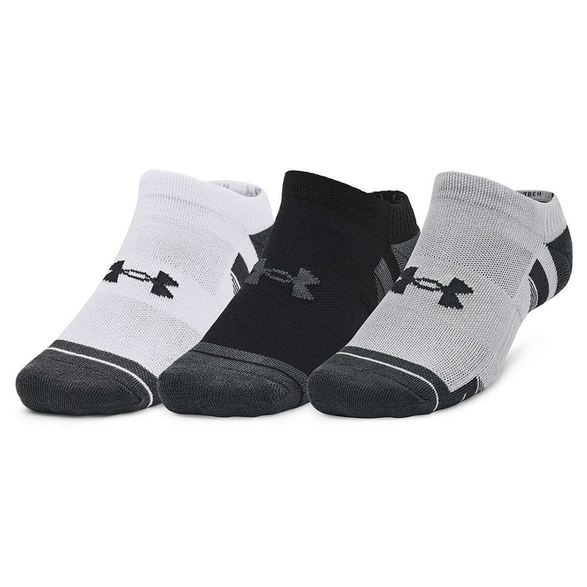 Under Armour Men's Performance Tech No Show 3 Pair Pack Golf Socks, Colour Block Grey, White and Black, Size: Large/XL | American Golf von Under Armour