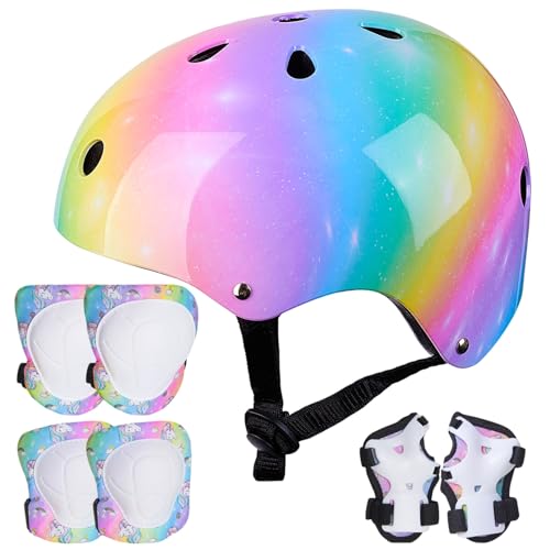 Unicorn Castle Kinder Helm Knie Ellenbogen Handgelenk Pads Verstellbare Knieschoner Ellenbogenschoner Handgelenkschoner Skateboard Helme für Roller Radfahren Roller Skating Mädchen, 3-8 Jahre von Unicorn Castle