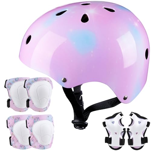 Kinder Helm Knie Ellenbogen Handgelenk Pads Verstellbare Knieschoner Ellenbogenschoner Handgelenkschoner Skateboard Helme für Roller Radfahren Roller Skating Mädchen, 3-8 Jahre von Unicorn Castle