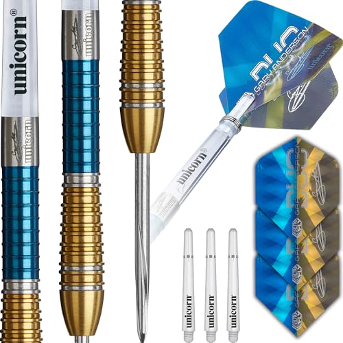 Unicorn Dartpfeile Set Duo Phase 6 | Gary 'The Flying Scotsman' Anderson | 90% Tungsten Barrels mit zweifarbigen blauen & goldenen Titanbeschichtungen | Langlebige Ultrafly Flights | Steel Tip Volute von Unicorn