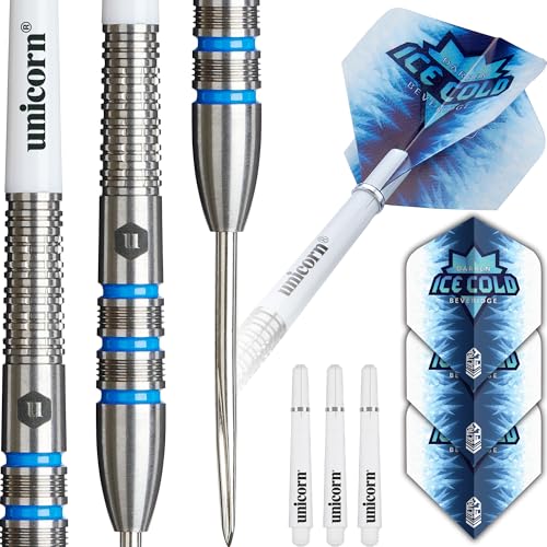 Unicorn Darts Set Contender | Darren 'Ice Cold' Beveridge | 90% Tungsten Barrels mit blauen Akzenten & aufwendig bearbeiteten Griffringen | Langlebige Ultrafly Flights | Steel Tip Volute Points | 26g von Unicorn