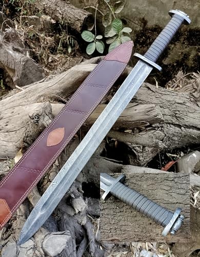 Damascus Steel Viking Arming Sword, 35 Inches Long, Double Edge Blade with Blood Grooves von Unique Blades