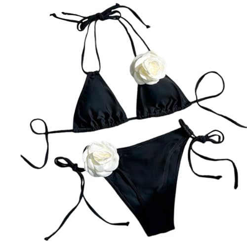 Uqezagpa Damen-Badeanzug, dreieckig, Neckholder, Oberteil und seitlich, verstellbarer Slip, 3D-Blumen-Badeanzug-Set von Uqezagpa