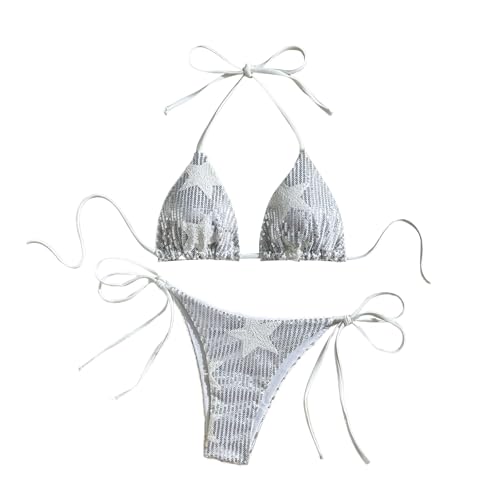 Uqezagpa Damen-Badeanzug, glitzernde Pailletten, Spaghetti-String, zweiteiliges Badeanzug-Set, Neckholder, Top Slip von Uqezagpa