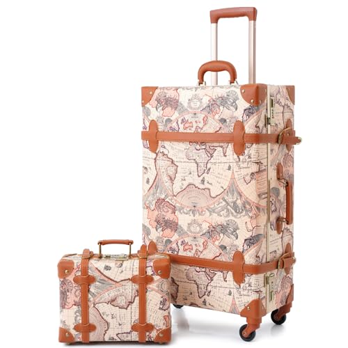 Urecity Koffer Vintage mit 4 Rollen Trolley Koffer Reisekoffer Leicht Retro Hartschalen Koffer 2-Teilig mit 12 Zoll Kleines Köfferchen (Braun, S(12")+M(20")) von Urecity