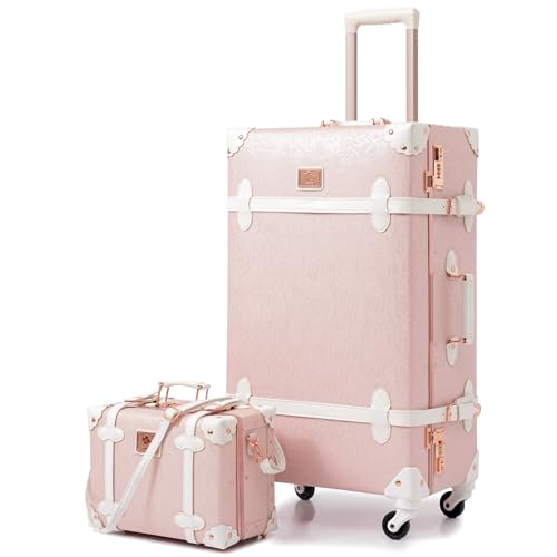 Urecity Koffer Vintage mit 4 Rollen Trolley Koffer Reisekoffer Leicht Retro Hartschalen Koffer 2-Teilig mit 12 Zoll Kleines Köfferchen (Elegantes Rosa, S(12")+L(26")) von Urecity