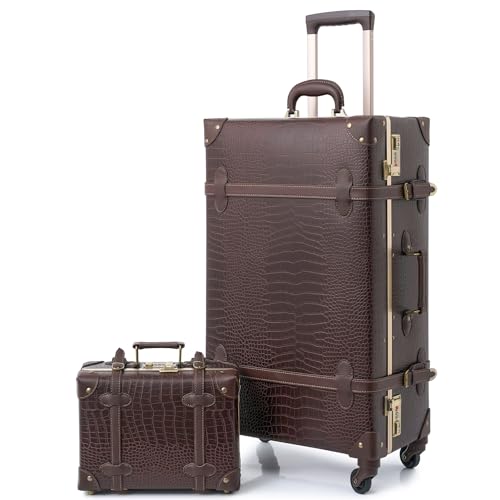 Urecity Koffer Vintage mit 4 Rollen Trolley Koffer Reisekoffer Leicht Retro Hartschalen Koffer 2-Teilig mit 12 Zoll Kleines Köfferchen (Krokodil-Prägung Braun, S(12")+M(20")) von Urecity