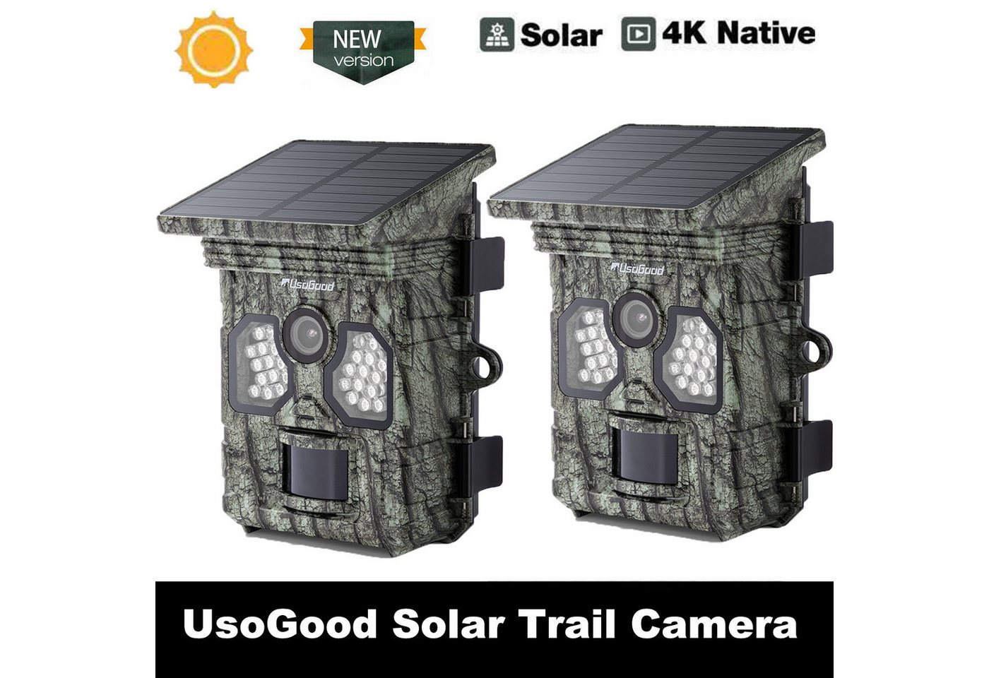 Usogood Solar Wildkamera 4K 48MP mit Bewegungsmelder Nachtsicht Wildkamera (AuBenbereich, 120° Weitwinkelobjektiv, 2.0" Videobildschirm, Akku Wildtierkamera, Outdoor IP66 Wasserdicht, Tierkamera) von Usogood