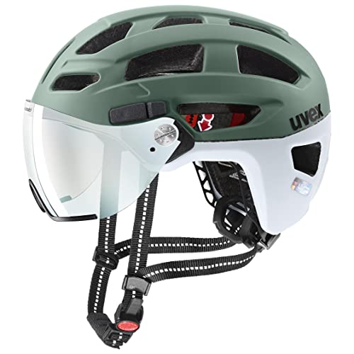 uvex finale visor V - sicherer City-Helm für Damen und Herren - mit Visier - inkl. LED-Licht - moss green-cloud matt - 52-57 cm von Uvex