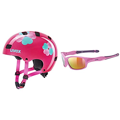 uvex Unisex Jugend Kid 3 Fahrradhelm, pink Flower + Unisex Jugend, Sportstyle 507 Sonnenbrille, pink Purple/pink, one Size von Uvex