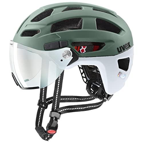 uvex finale visor V - sicherer City-Helm für Damen und Herren - mit Visier - inkl. LED-Licht - moss green-cloud matt - 56-61 cm von Uvex