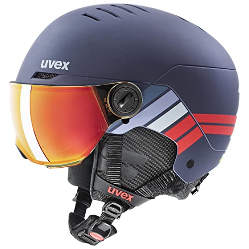 uvex rocket jr visor - robuster Skihelm für Kinder - mit Visier - optimierte Belüftung - navy - red stripes matt - 54-58 cm von Uvex