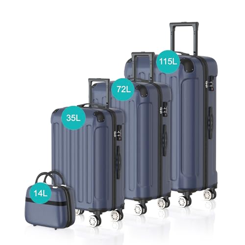 Voyagoux Kofferset 4 teilig - 14L, 35L, 72L, 115L, Hartschalenkoffer Set, TSA-Schloss, ABS, 4X 360° Rollen, Robust und Leichtgewicht Suitcase, Dunkelblau von V Voyagoux