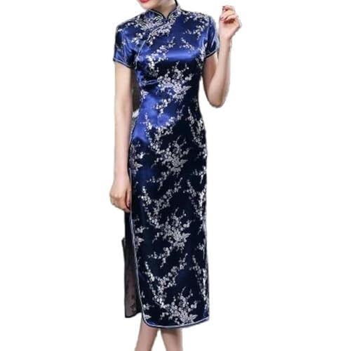 Chinesisches Kleid Qipao,Satin National Cheongsam Kleid Kurzärmliges, Schlankes Maxikleid Jacquard-Blumen-Qipao-Kleid Elegant Plus Größe Sexy Cocktail-Abend-Hochzeitskleid Für Mädchen Braut,Navy,L von VAAX