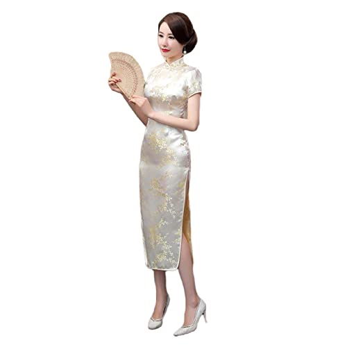 Chinesisches Kleid Qipao,Satin National Cheongsam Kleid Kurzärmliges, Schlankes Maxikleid Jacquard-Blumen-Qipao-Kleid Elegant Plus Größe Sexy Cocktail-Abend-Hochzeitskleid Für Mädchen Braut,Gelb,M Chinesisches Kleid Qipao,Satin National Cheongsam Kleid Kurzärmliges, Schlankes Maxikleid Jacquard-Blumen-Qipao-Kleid Elegant Plus Größe Sexy Cocktail-Abend-Hochzeitskleid Für Mädchen Braut,Gelb,M von VAAX