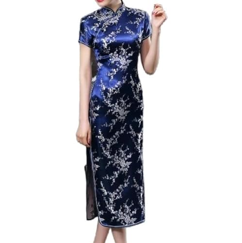 VAAX Chinesische Qipao, Satin National Cheongsam Kleid Kurzarm, Schmales Maxikleid Jacquard-Blumen-Qipao-Kleid, Elegant, Plus Größe, Sexy Cocktailabend-Hochzeitskleid Für Mädchen, Braut, Navy, 5XL von VAAX