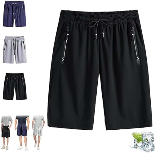 VACSAX Herren Plus Size Ice Silk Stretch Shorts, Quick Dry Zip Pocket Kordel Zug Kurze Hosen. (7XL,Schwarz) von VACSAX