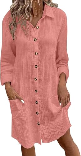 VACSAX Long Sleeve V Neck Casual Shirt Cover up Hollow Dress, Fall Long Sleeve Button-Down Linen Shirt Dress. (XL,pink) von VACSAX