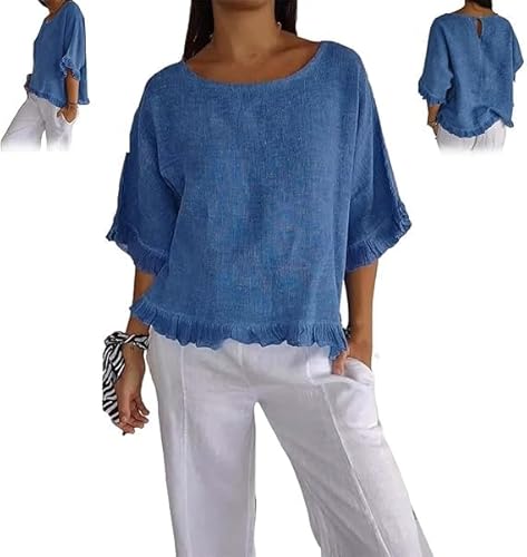 VACSAX Round Neck Ruffled Hem Mid-Sleeve Cotton and Linen Top, Women Linen Tops Casual Short Sleeve. (Blue,L) von VACSAX