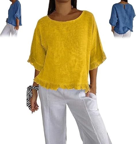 VACSAX Round Neck Ruffled Hem Mid-Sleeve Cotton and Linen Top, Women Linen Tops Casual Short Sleeve. (Yellow,M) von VACSAX