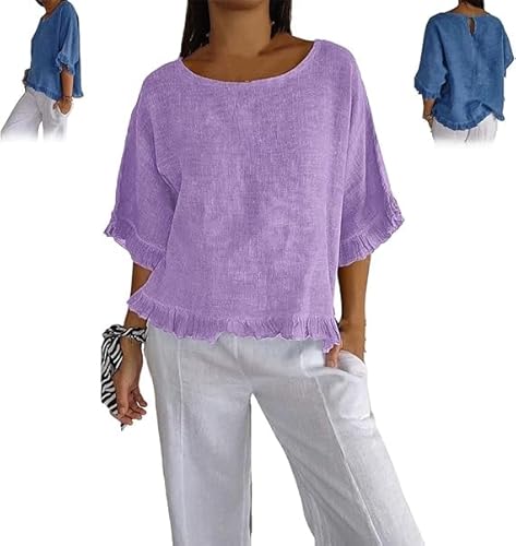 VACSAX Rundhalsausschnitt Rüschensaum Mid-Sleeve Baumwolle und Leinen Top, Frauen Leinen Tops Casual Short Sleeve. (Hellviolett,S) von VACSAX