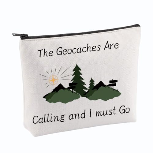VAMSII Geocaching Gifts Geocacher Make-up-Tasche, Outdoor-Liebhaber, Geschenke für Geocacher, The Geocaches Are Calling And I Must Go, Beige, Classic von VAMSII