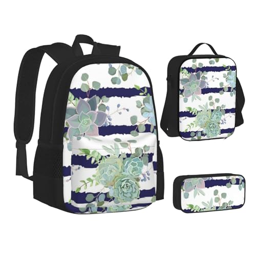 VANANI Gestreiftes Sukkulenten-Rucksack-Set mit Lunch-Tasche und Federmäppchen in 3-in-1, große Kapazität Schultasche von VANANI