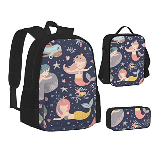 VANANI Meerjungfrau Rucksack Set mit Lunchtasche und Federmäppchen in 3-in-1 Große Kapazität Schultasche von VANANI