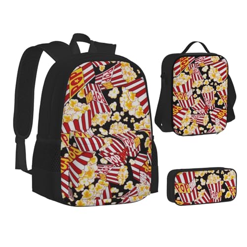 VANANI Popcorn Print Rucksack Set mit Lunchtasche und Federmäppchen in 3-in-1 Große Kapazität Schultasche von VANANI