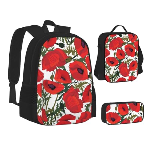 VANANI Rucksack Set mit Blumenmuster und Lunch-Tasche und Federmäppchen in 3-in-1, große Kapazität Schultasche von VANANI