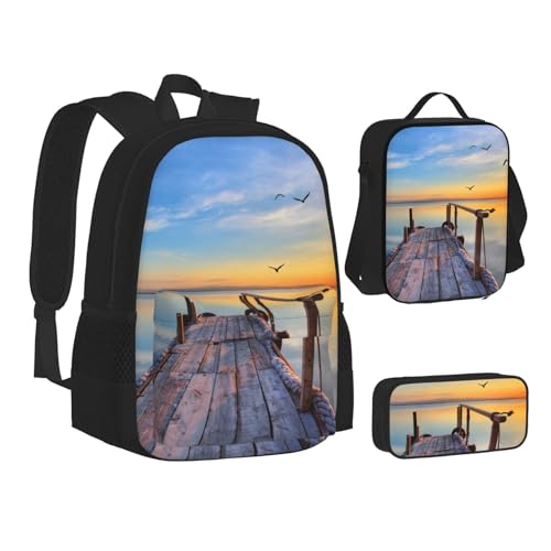 VANANI Sunset Scenery Rucksack Set mit Lunchtasche und Federmäppchen in 3-in-1, große Kapazität Schultasche von VANANI