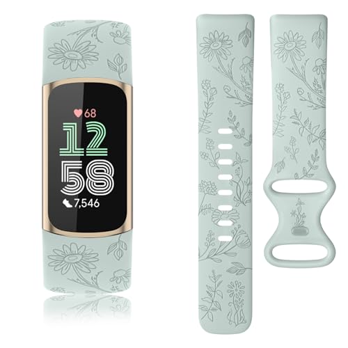 Vancle Armband für Fitbit Charge 6 Armband/Fitbit Charge 5 Armband für Damen Herren, Silikon TPU Armbänder, Blumen Gravierte Uhrenarmband Verstellbares Sport Ersatzarmband, Klein Hellgrün von Vancle