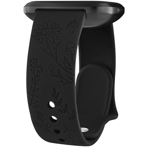 Vancle Armband für Fitbit Versa 2 Armband/Fitbit Versa/Fitbit Versa Lite/Fitbit Versa SE Damen Herren, Silikon Armbänder Floral Gravierte Uhrenarmband Sport Ersatzarmband, Schwarz von Vancle