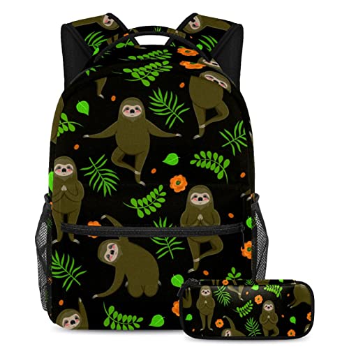 Faultier in Yoga Schultaschen Set für Teenager Mädchen Jungen Kinder, Student Büchertasche Rucksack mit Federmäppchen für Primary Secondary Junior, multi, Einheitsgröße, Schulranzen-Sets von VAPOKF