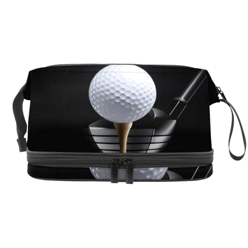 Golfball auf Tee mit Schläger im Rampenlicht, doppellagige Kosmetiktasche für Damen und Mädchen, Reise-Kulturbeutel, Make-up, praktische Tasche, Organizer-Tasche mit Bürstenfach, multi, 27x15x14 von VAPOKF