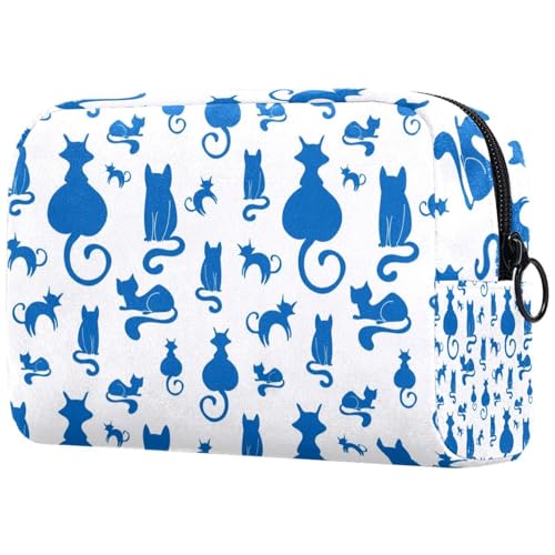 Kosmetiktasche für Damen, Motiv: blaue Katzen mit blauem Katzen-Silhouette, Reise-Kulturbeutel, groß, Make-up, praktische Tasche, Organizer-Tasche mit Reißverschluss, multi, 18.5x7.5x13cm/7.3x3x5.1in, von VAPOKF