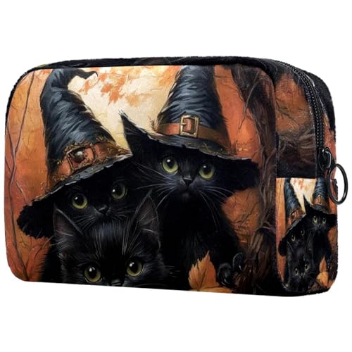 Kosmetiktasche für Damen, Motiv: schwarze Katzen mit Hexenhut, Ahornblätter, Reise-Kulturbeutel, groß, Make-up, praktische Tasche, Organizer-Tasche mit Reißverschluss, multi, von VAPOKF