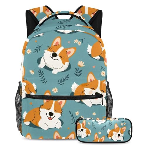 VAPOKF Happy Corgi Dogs Schulranzen-Set für Teenager, Mädchen, Jungen, Kinder, Schüler-Büchertasche, Rucksack mit Federmäppchen für die Grundschule, multi, Einheitsgröße, Schulranzen-Set von VAPOKF