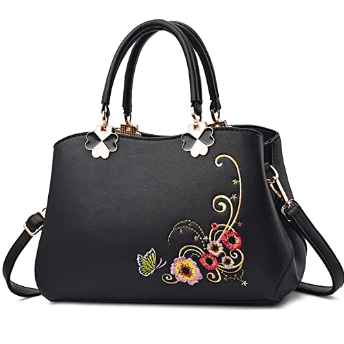 VARLIVOO Elegant Damen Handtaschen Stickerei Schultertaschen Frauen Umhängetasche Taschen Reisen Shopper Taschen Damen Taschen Crossbody Bag Arbeit Reisen PU Leder Schwarzes C von VARLIVOO