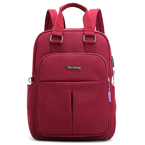 VARLIVOO Frauen Rucksack mit USB Port Schulrucksack 13 Zoll Laptop College Tagesrucksack Damen Daypack Reisen Taschen Wasserdicht Polyester Rotwein von VARLIVOO