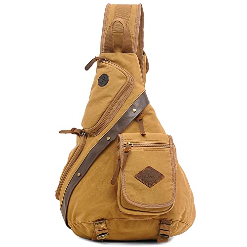 VARLIVOO Herren Sling Bag Crossbody Bag Schultertasche Wandern Reisen Camping Radfahren Bergsteigen Schule Segeltuch Umhängetaschen Sling Rucksack Khaki von VARLIVOO