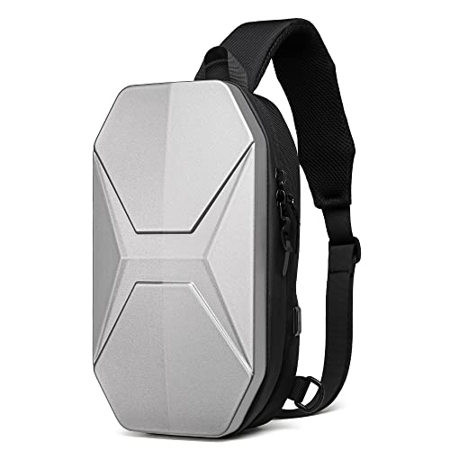 VARLIVOO Mode Herren Sling Bag mit USB Port Crossbody Bag Schultertasche Hiking Umhängetaschen Business Rucksack Sling Rucksack Wasserdicht Harte Schale Polyeste Silber von VARLIVOO