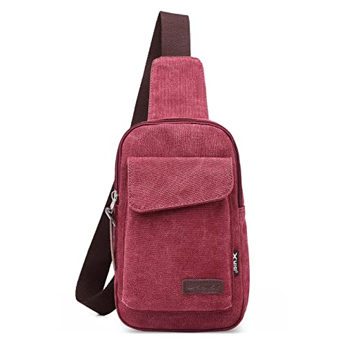 VARLIVOO Retro Sling Bag Damen Herren Canvas Brusttasche Umhängetasche Leichte Schultertasche Klein Anti-Diebstahl Sling Rucksack Outdoor Crossbody Pack für Sport Radfahren Reisen Wandern Rot von VARLIVOO