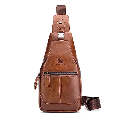 VARLIVOO Vintage Brusttasche Herren Leder Schultertasche Sling Bag Geschäft Umhängetasche Anti-Diebstahl Sling Rucksack Crosssbody Bag Casual Daypack für Arbeit Schule Reise Braun von VARLIVOO