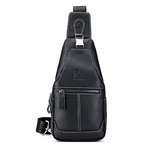 VARLIVOO Vintage Brusttasche Herren Leder Schultertasche Sling Bag Geschäft Umhängetasche Anti-Diebstahl Sling Rucksack Crosssbody Bag Casual Daypack für Arbeit Schule Reise Schwarz von VARLIVOO