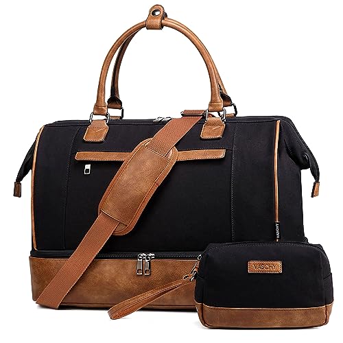 Reisetasche für Dame, Vaschy 17 Zoll Leinwand Unter Sitzbeutel Weekender Overnight Duffel Tote Bag mit Trolly -Ärmel Schuhfach Toilettenbeutel für Reisen Fitnessstudio Schwarz Braun von VASCHY