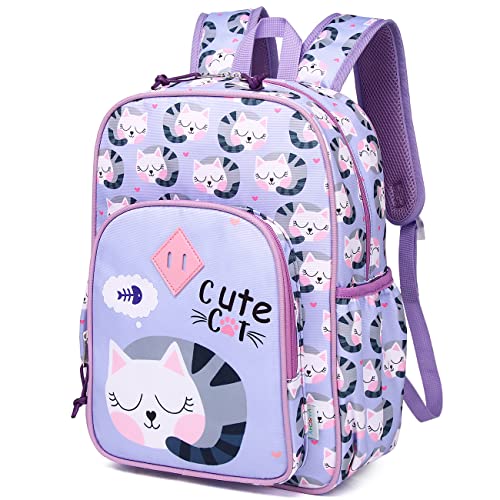 VASCHY Leichter Rucksack für Jungen und Mädchen, 11,5 l, wasserabweisend, mit reflektierendem Brustgurt, elastische Flaschentaschen, Kindergarten, Violette Katzen, Taille unique, Daypack Rucksack von VASCHY