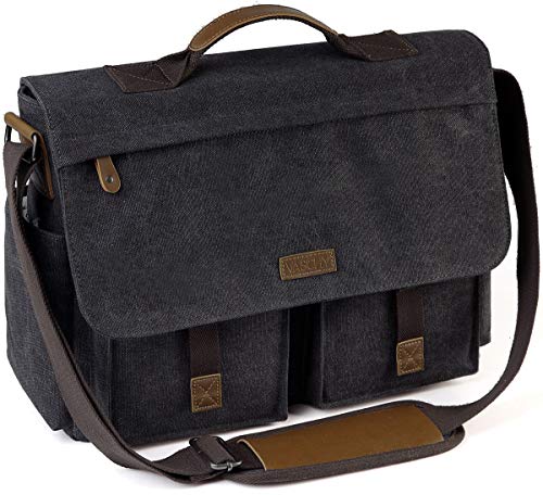 VASCHY Laptop-Umhängetasche mit 15,6 Zoll (39,6 cm), Vintage, wasserdicht, Wachstuch, Schultertasche mit gepolstertem Schultergurt, 15,6 - Grau, 15.6inch von VASCHY