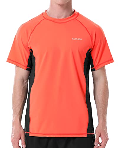 Herren Schwimm-Shirt, Rashguard-Shirt, kurzärmelig, lockere Passform, Sonnenschutz, Wassersurfen, Strand, Angeln, LSF 50+, Orange / Schwarz, XXX-Large von VAYAGER